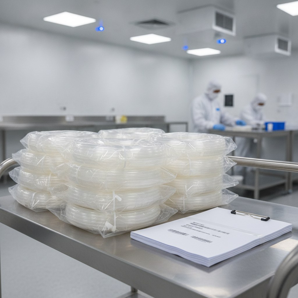 Photorealistic industrial website image for wafer process pfa tubing: clean bagging of PFA tubing coils with lot documentation packet, no readable text, no logo, no watermark