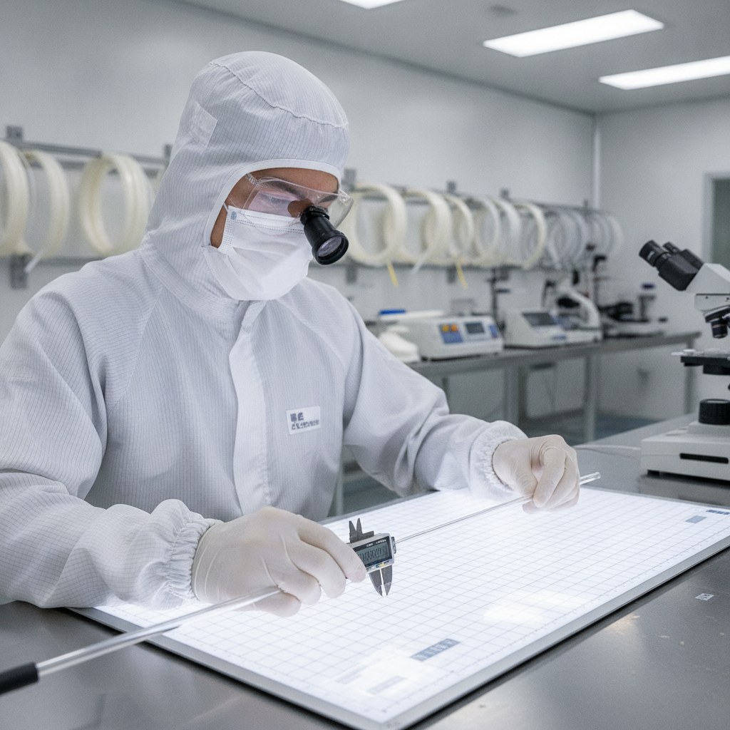 Photorealistic industrial website image for wafer process pfa tubing: technician inspecting PFA tubing dimensions and surface quality in a clean lab, no text, no logo, no watermark