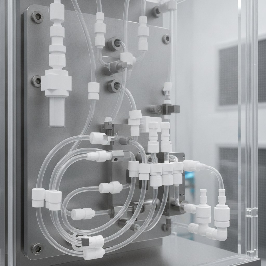 Photorealistic industrial website image for wafer process pfa tubing: PFA chemical feed lines with clean plastic fittings in a semiconductor fluid module, no text, no logo, no watermark
