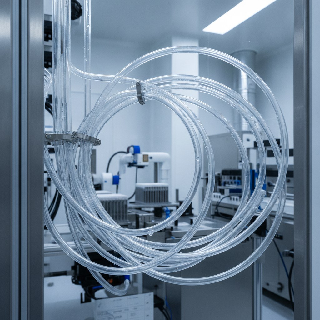 Photorealistic industrial website image for wafer process pfa tubing: clean PFA tubing loops for UPW and DI water rinse lines in wafer processing equipment, no text, no logo, no watermark