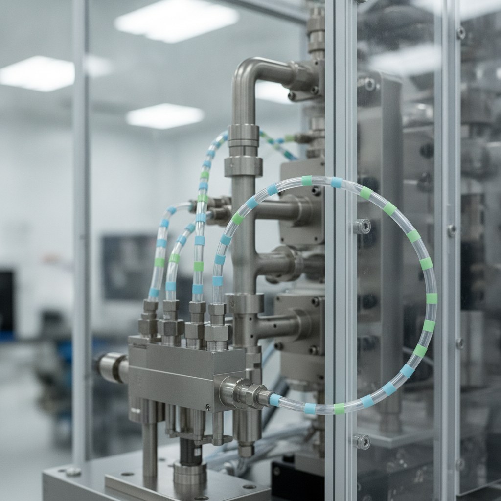Photorealistic industrial website image for wafer process pfa tubing: traceable PFA tubing with subtle color bands routed through clean process tool hardware, no readable text, no logo, no watermark
